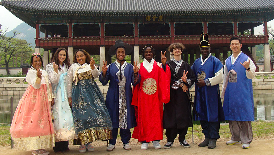 Whitman group wearing traditional Korean clothing