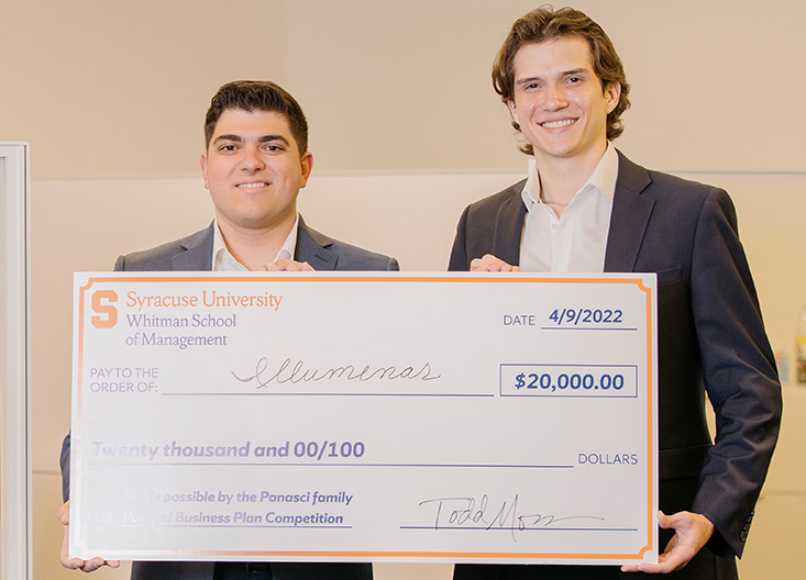Two Whitman students who won the Panasci Business Plan competition
