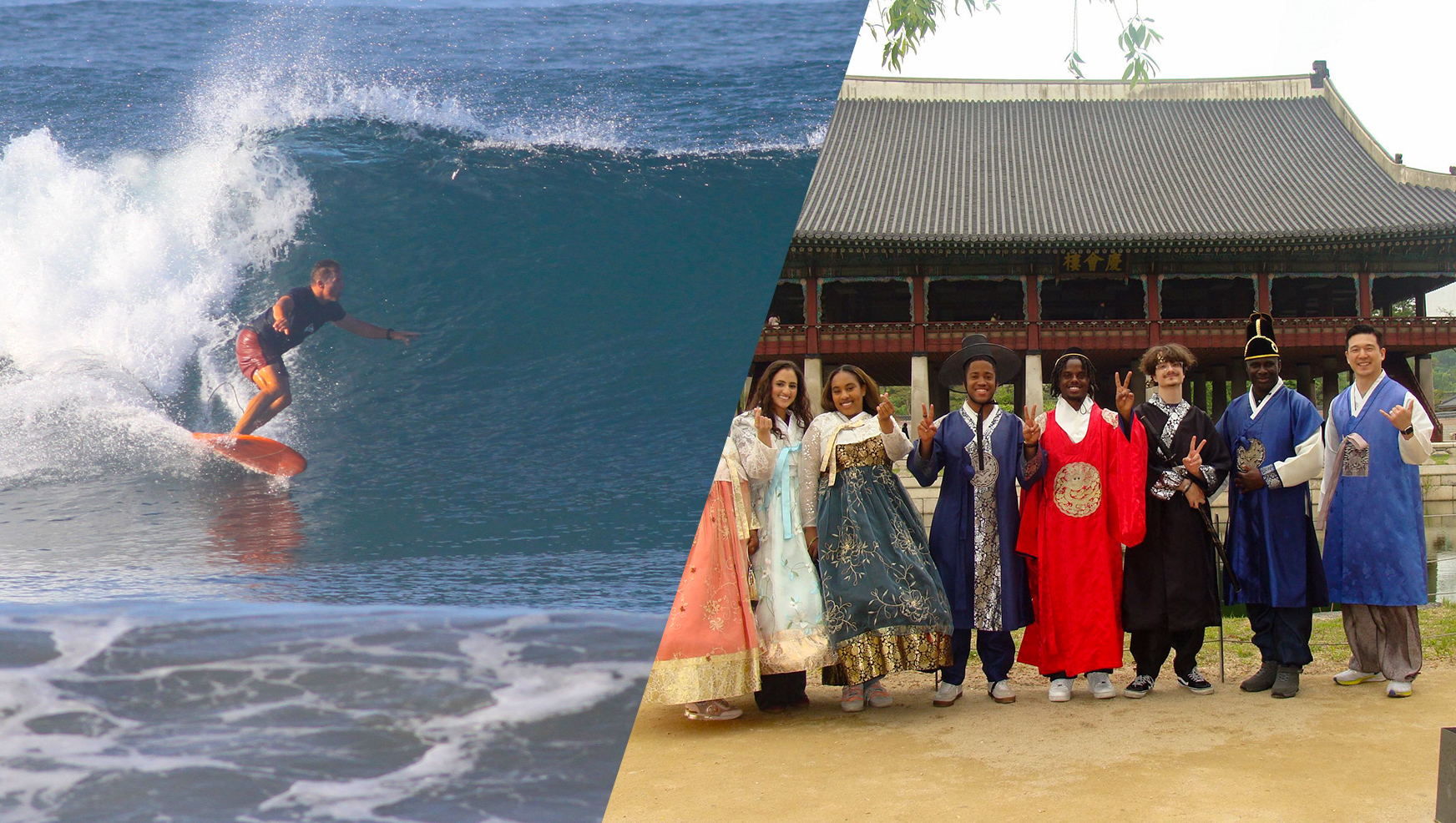 Surfer and group dressed in traditional South Korean clothing