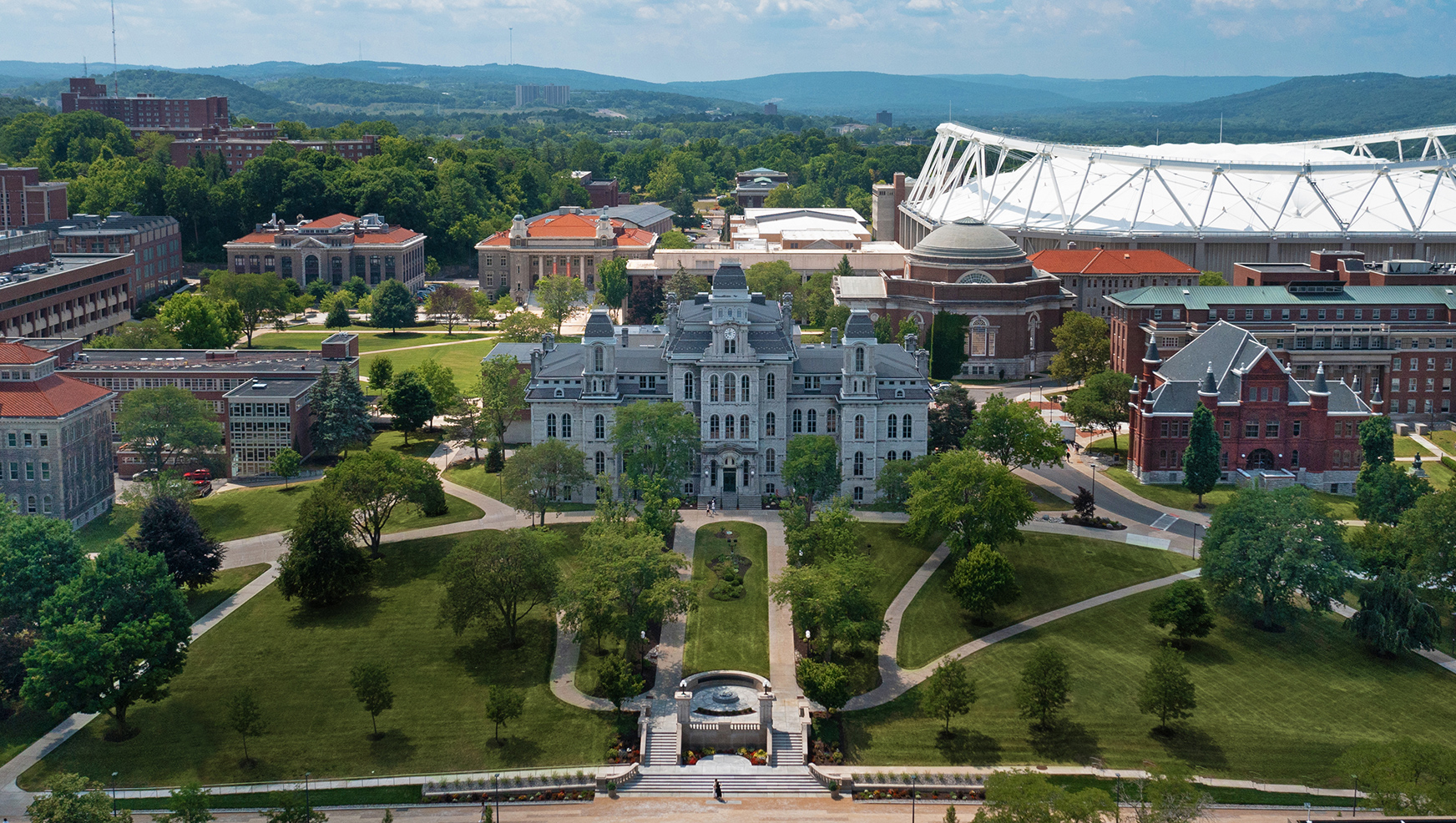 Drone photo of Syracuse University Campus with Hall of Languages in the center