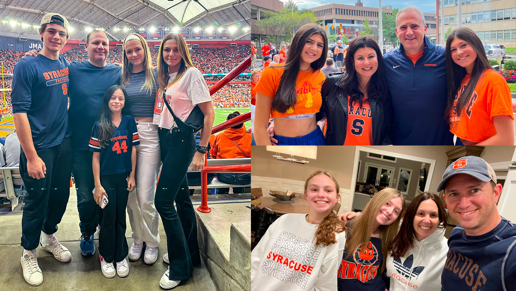 Steven Kron, Michael Savner and Erik Siegel with their families wearing Syracuse University gear