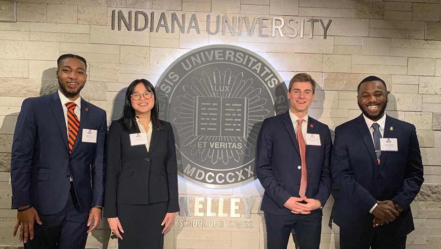 Matthew Piotrowski, Andrea Lan, Jabril Alston and Omari Romain in front of Indiana University sign