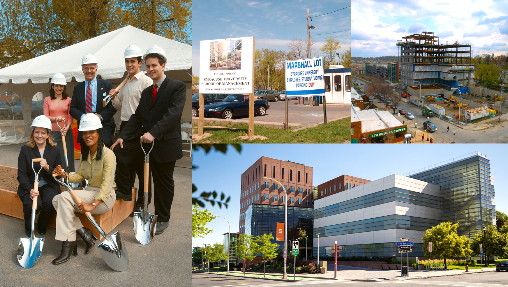 Collage showing Whitman from groundbreaking, to construction to finished building