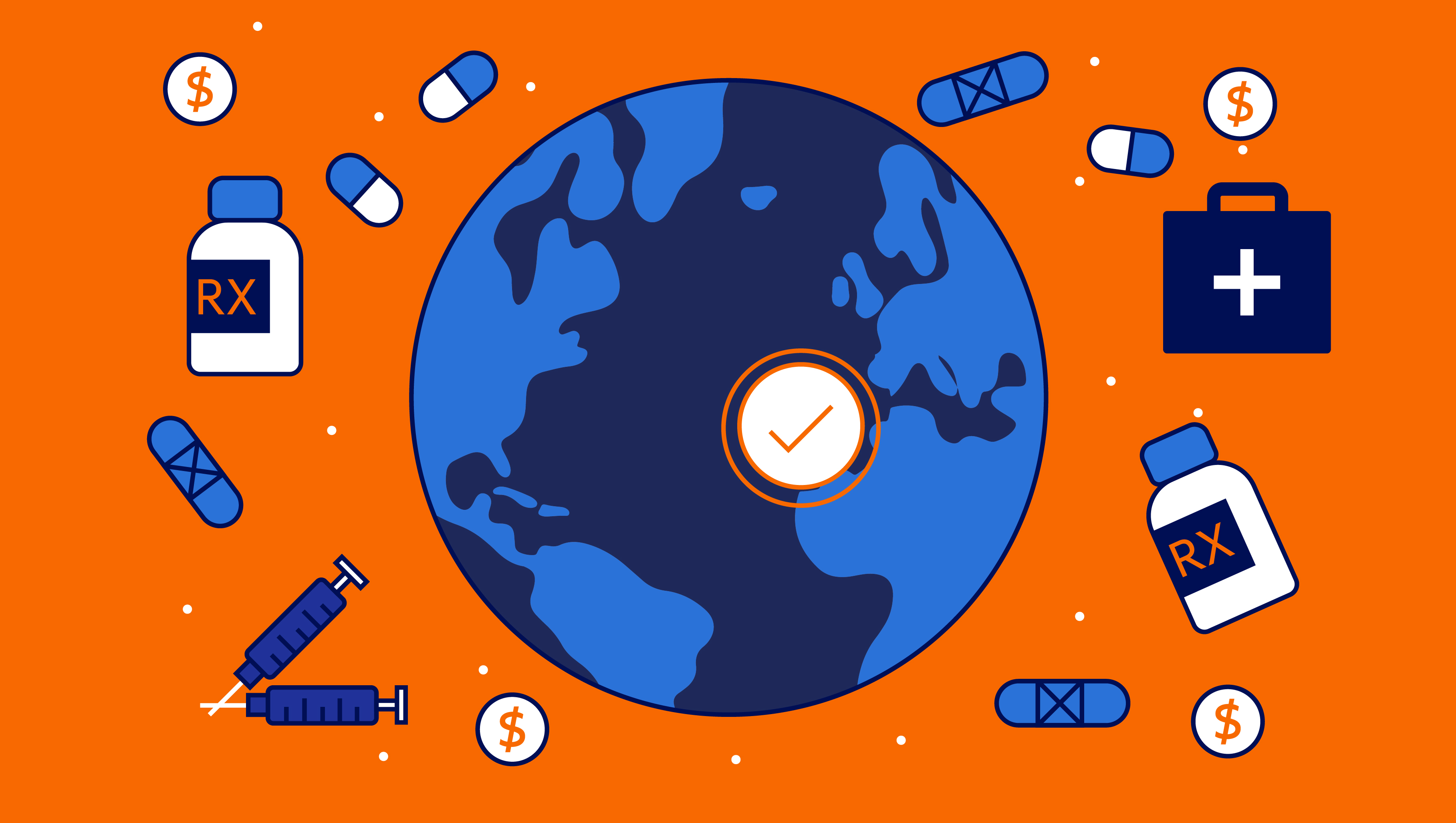 Illustration showing Earth surrounded my medical supplies