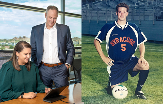 Sean Boyle in his office with a colleague, older photo of Sean Boyle as SU soccer player