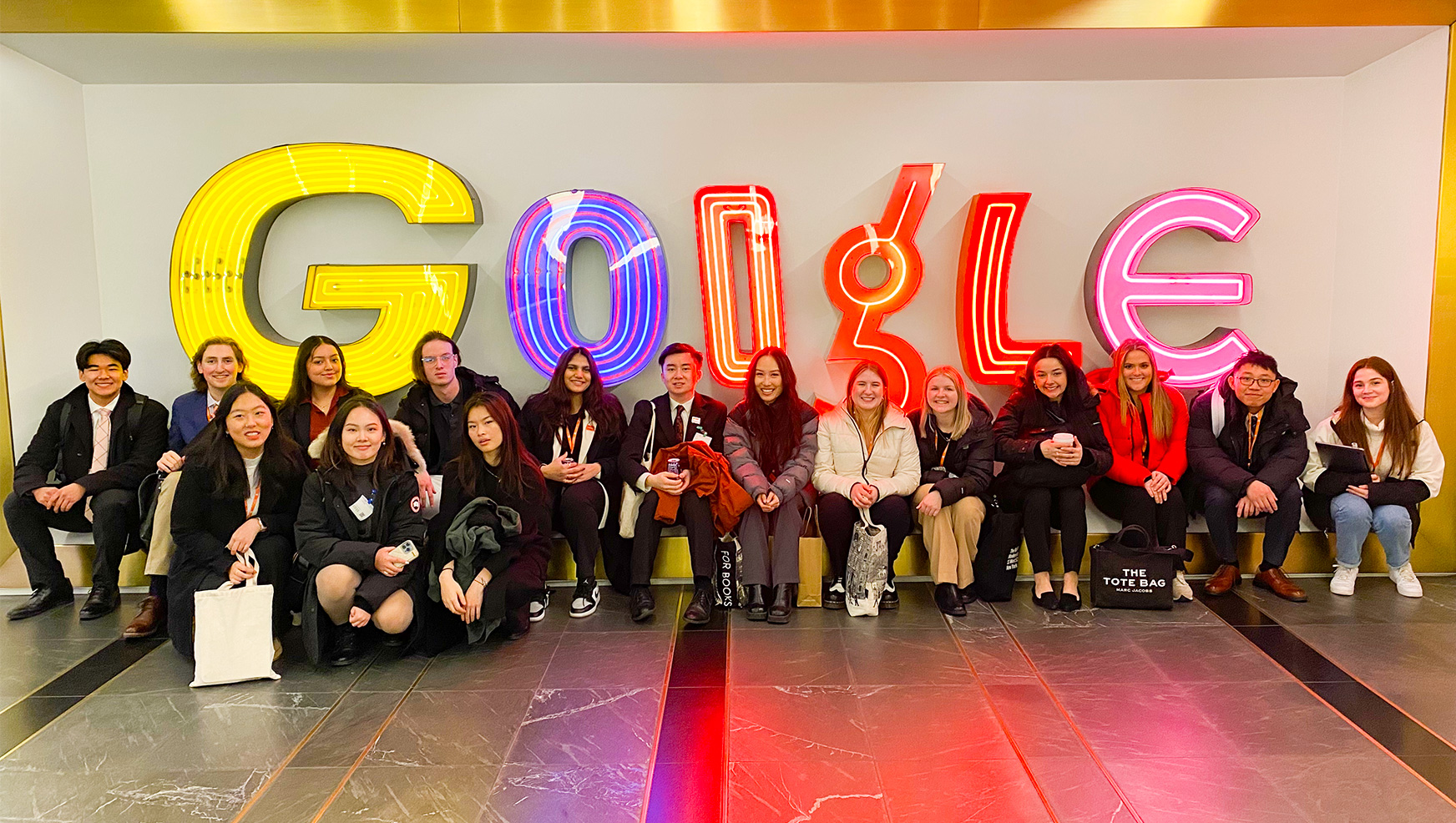 Group of Whitman students in front of the Google logo