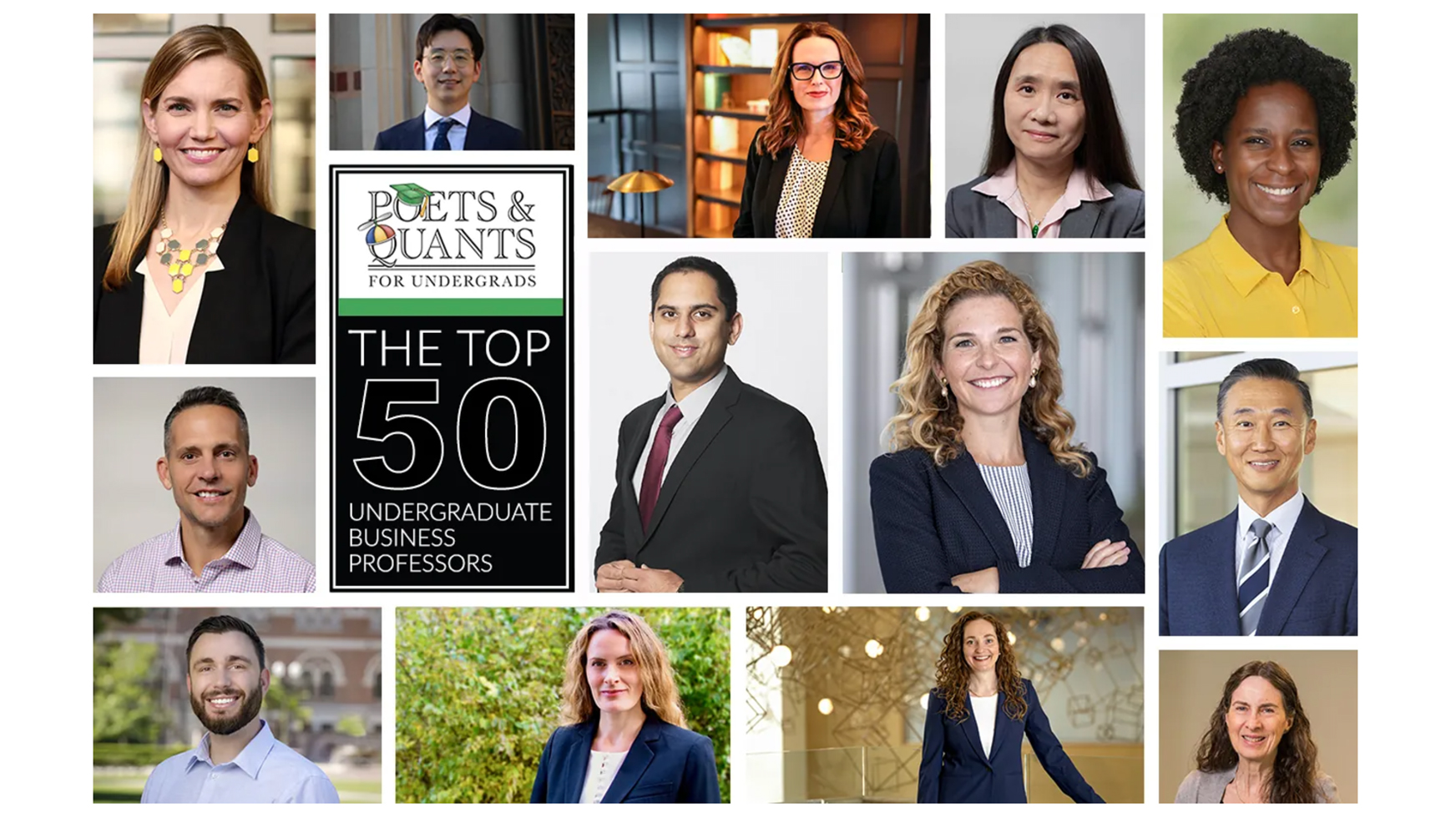 Collage of images and graphic saying "Poets $ Quants the Top 50 undergraduate business professors"