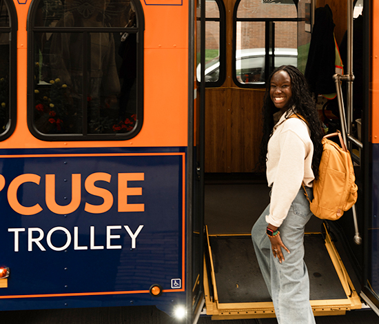 Undergraduate student ready to hop on a trolley