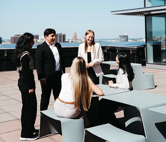 Student chatting on the Whitman terrace