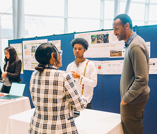 Student tabling, showing their idea to a staff member