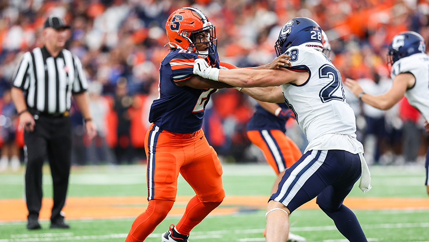 Fran Brown Jr. on the field during an SU football game