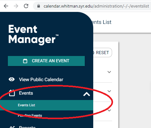 The Events List option in Event Manager is Circled